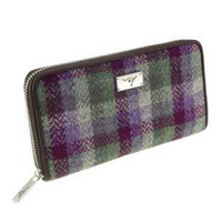 Harris Tweed ' Staffa' Long Zip Purse in Green Small Check