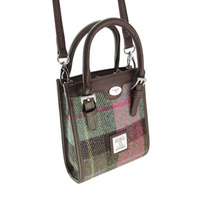 Harris Tweed ' Keltie' Tall Mini Tote Bag in Muted Green & Rose Pink Tartan